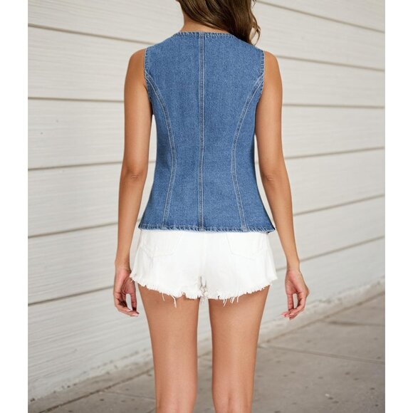 Women's Denim Vest Cotton Polyester Sleeveless Button Down Pockets Casual - Picture 5 of 5